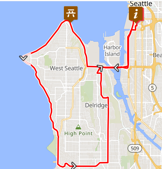 The 20-mile route starts and ends in SODO and loops past Alki Beach